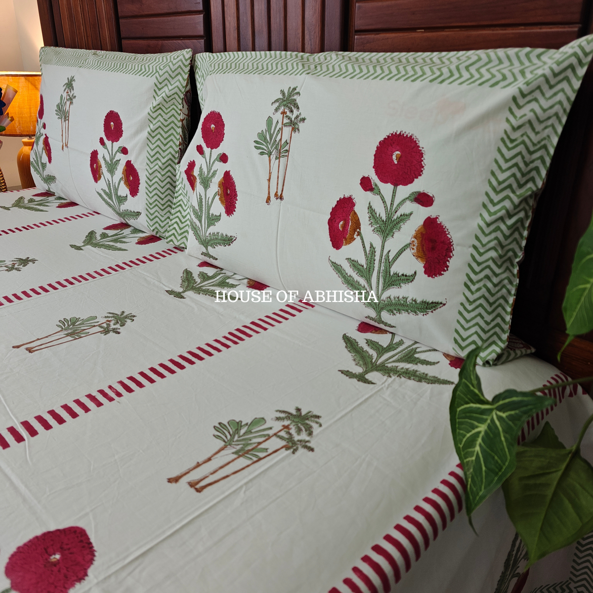 Red Marigold Hand Block Premium Bedsheet Set