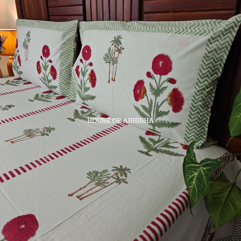 Red Marigold Hand Block Premium Bedsheet Set