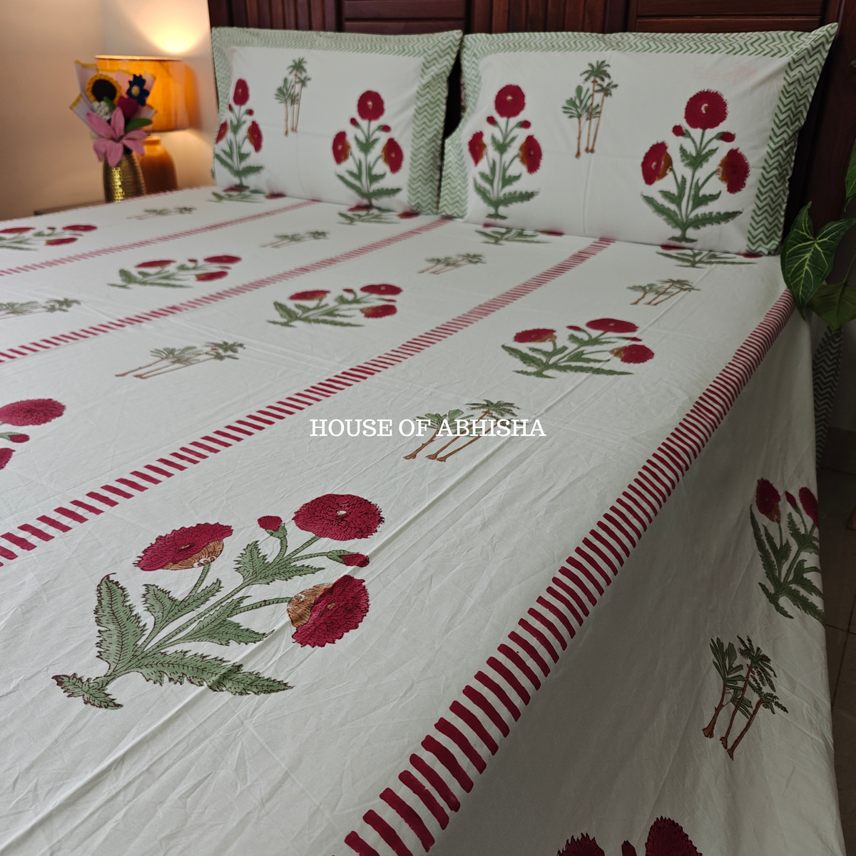 Red Marigold Hand Block Premium Bedsheet Set