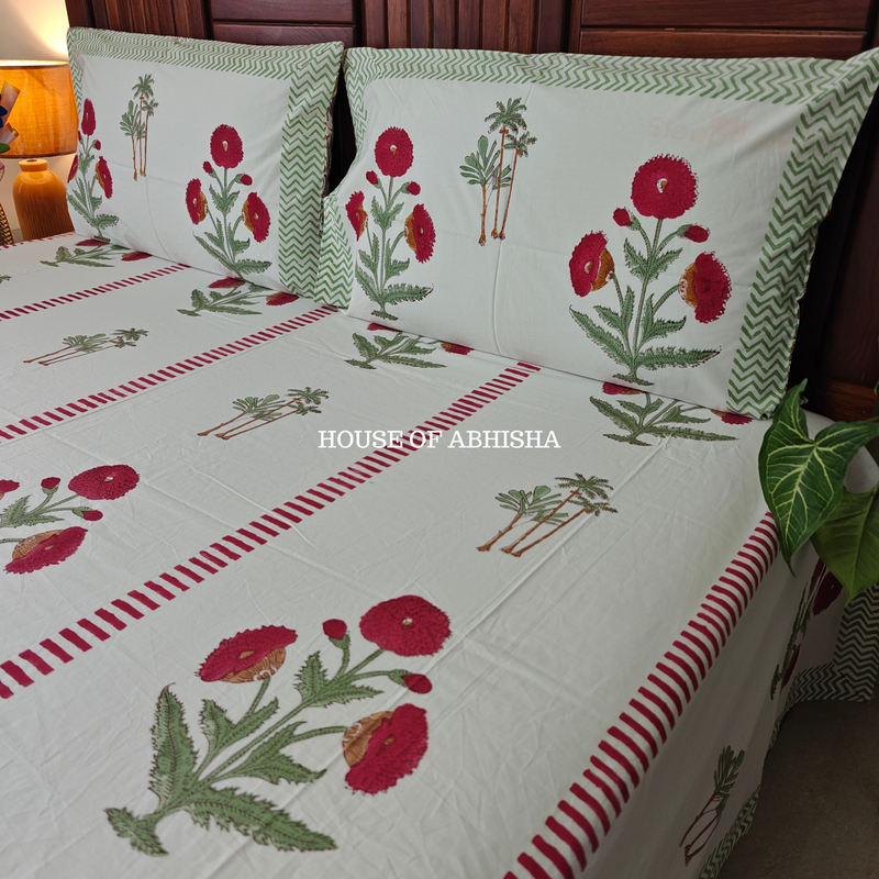 Red Marigold Hand Block Premium Bedsheet Set