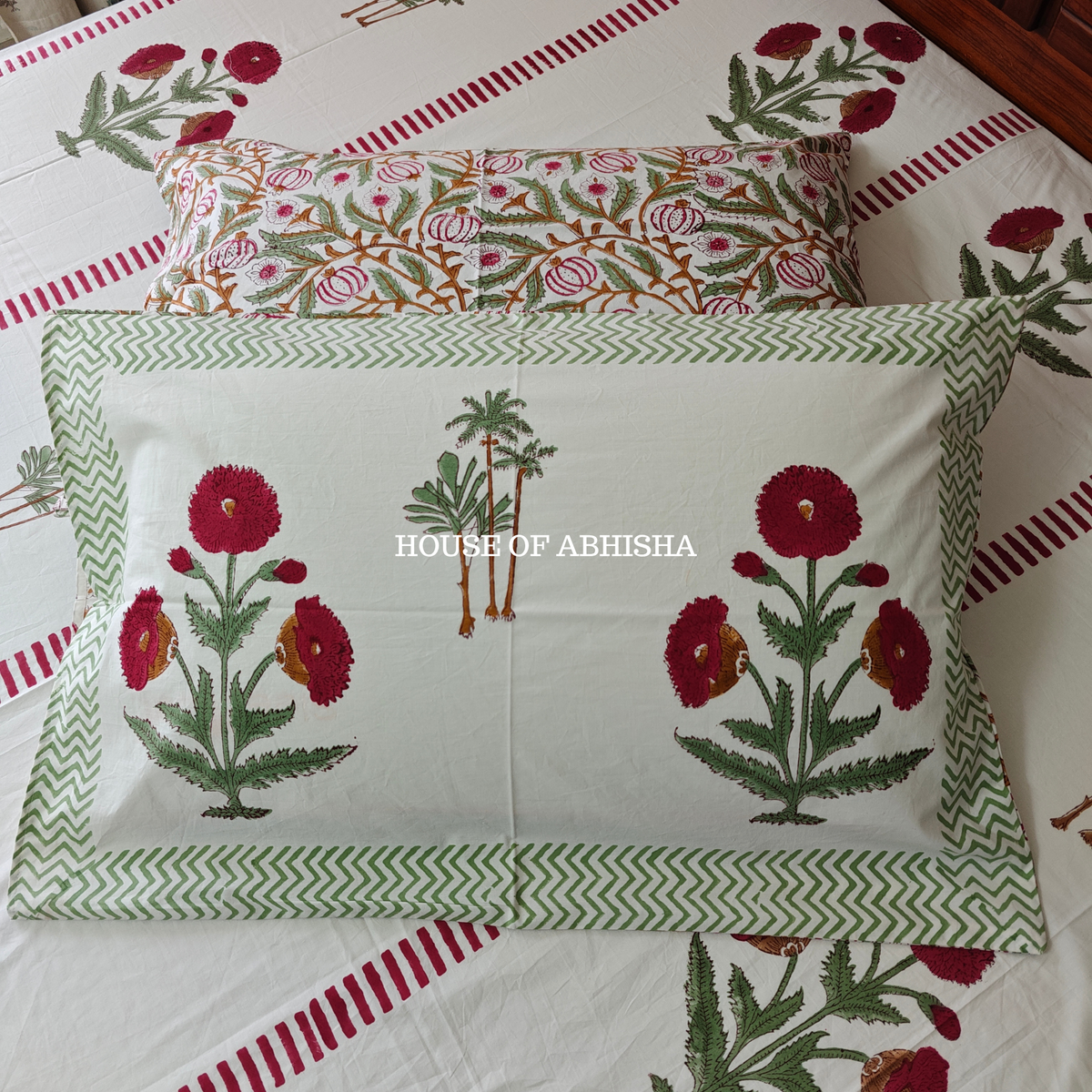 Red Marigold Hand Block Premium Bedsheet Set