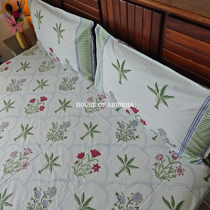 Paradise Garden Hand Block Premium Bedsheet Set