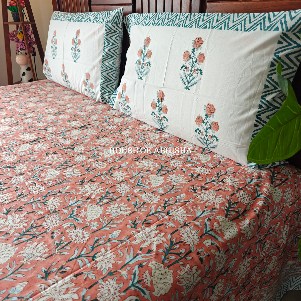 Misty Bloom Hand Block Premium Bedsheet Set