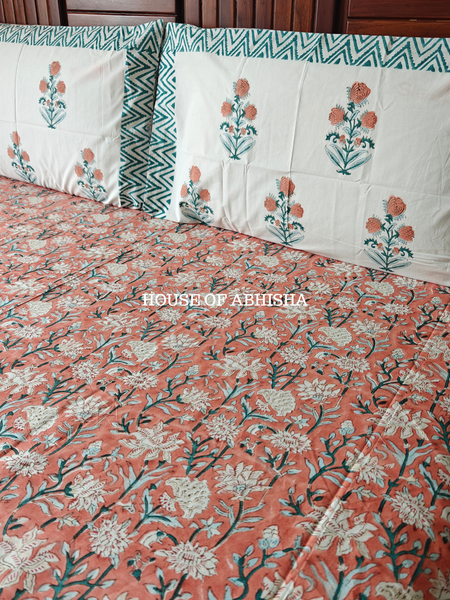 Misty Bloom Hand Block Premium Bedsheet Set