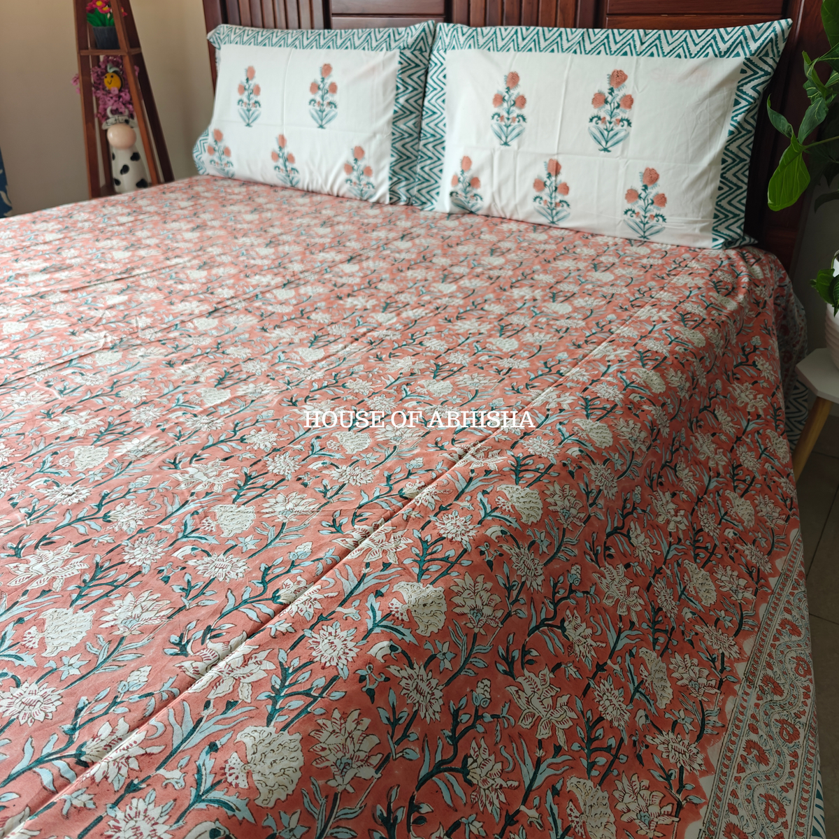 Misty Bloom Hand Block Premium Bedsheet Set
