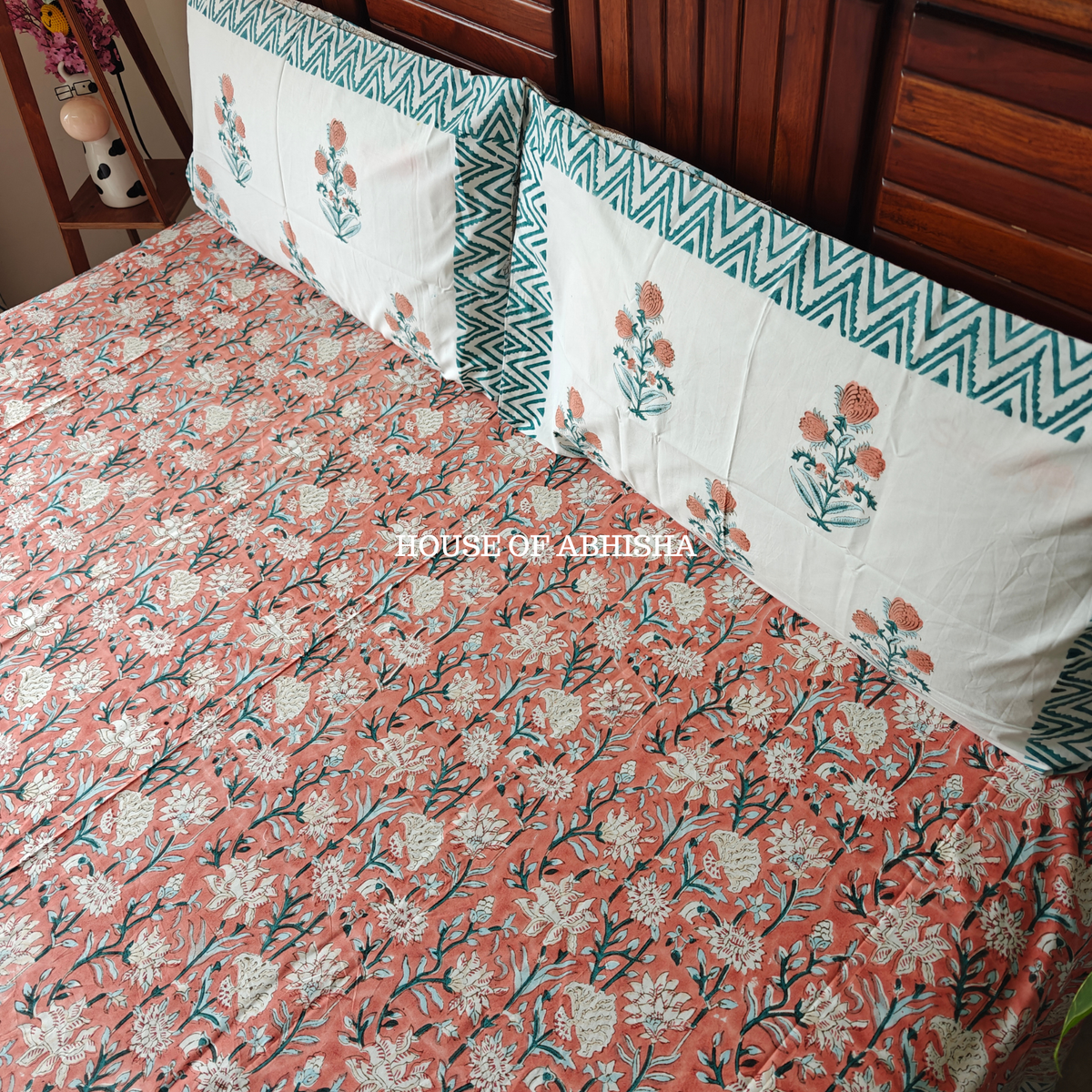 Misty Bloom Hand Block Premium Bedsheet Set
