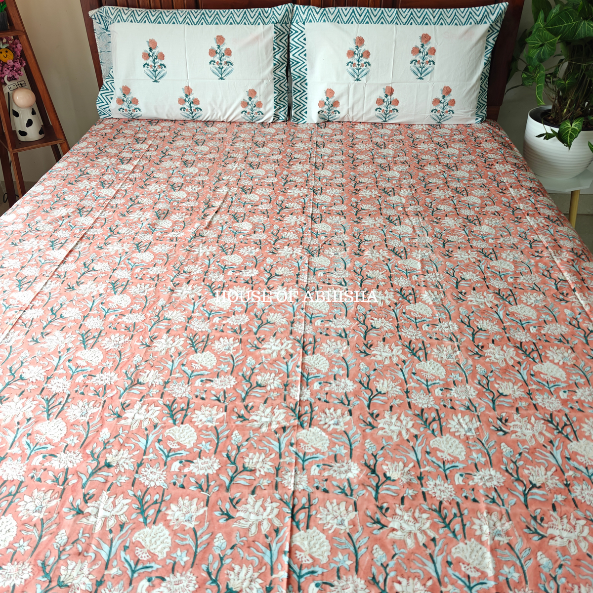 Misty Bloom Hand Block Premium Bedsheet Set