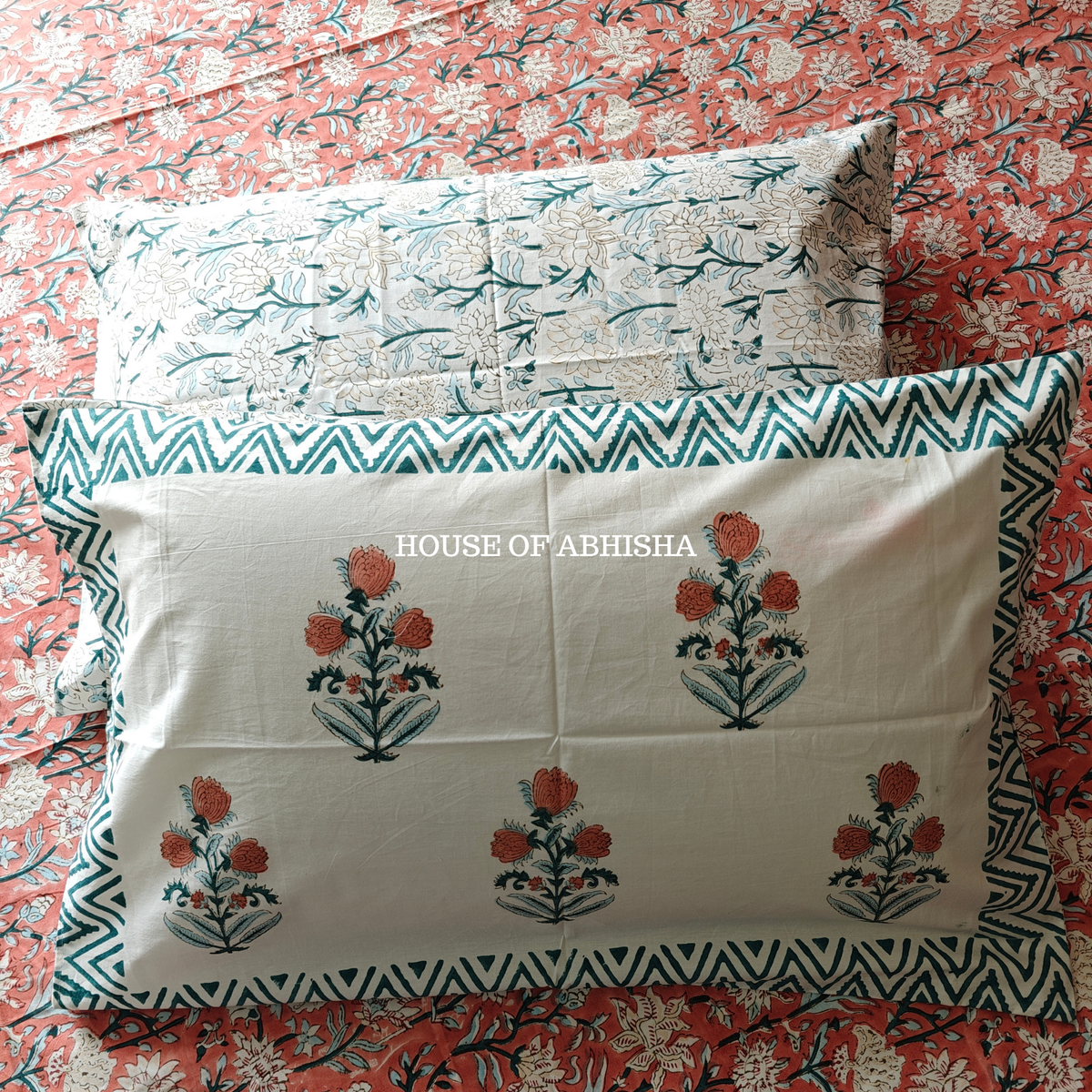 Misty Bloom Hand Block Premium Bedsheet Set