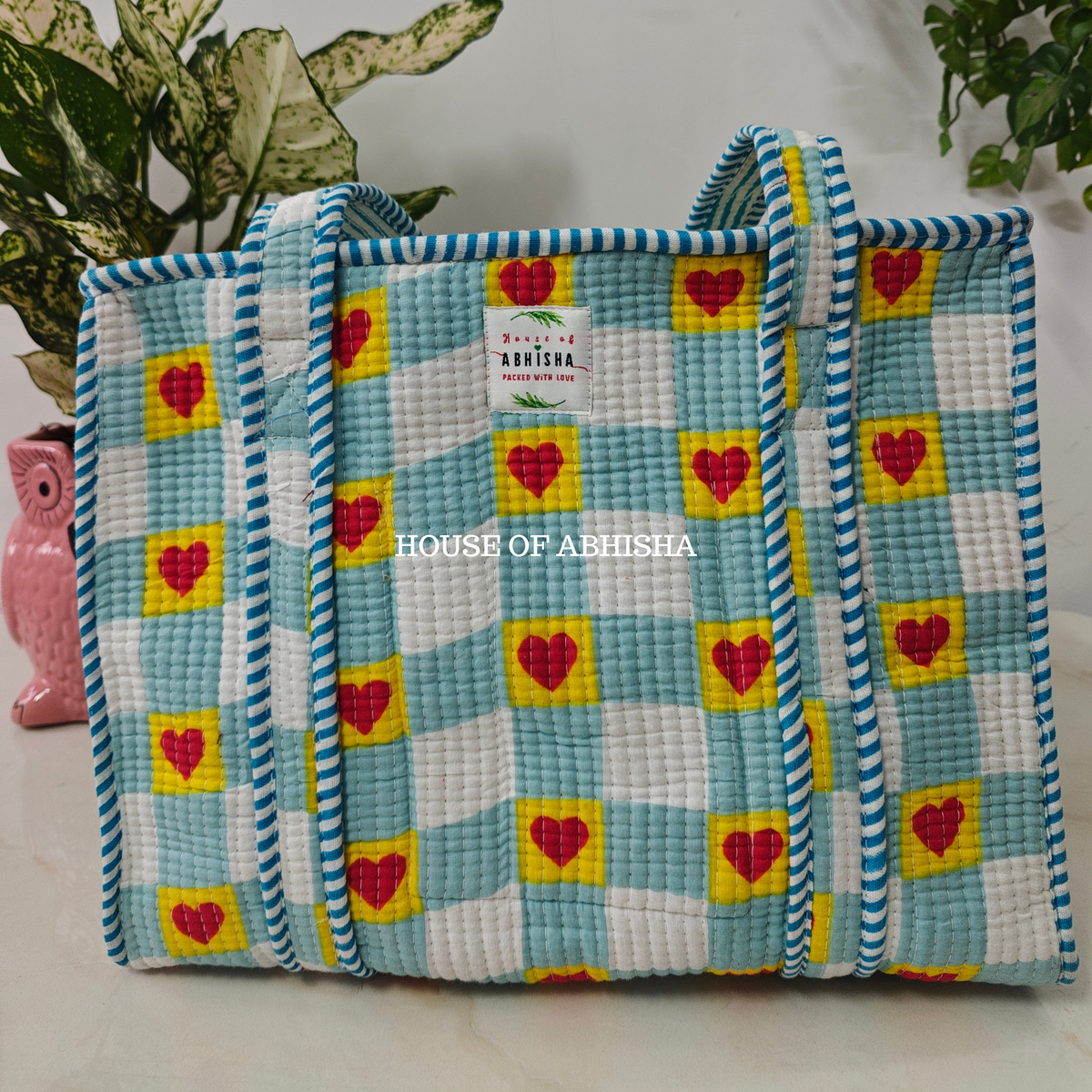Rosy Heart Quilted Cotton Tote Bag