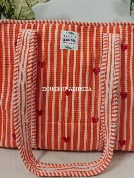 Orange Hearts Quilted Cotton Tote Bag