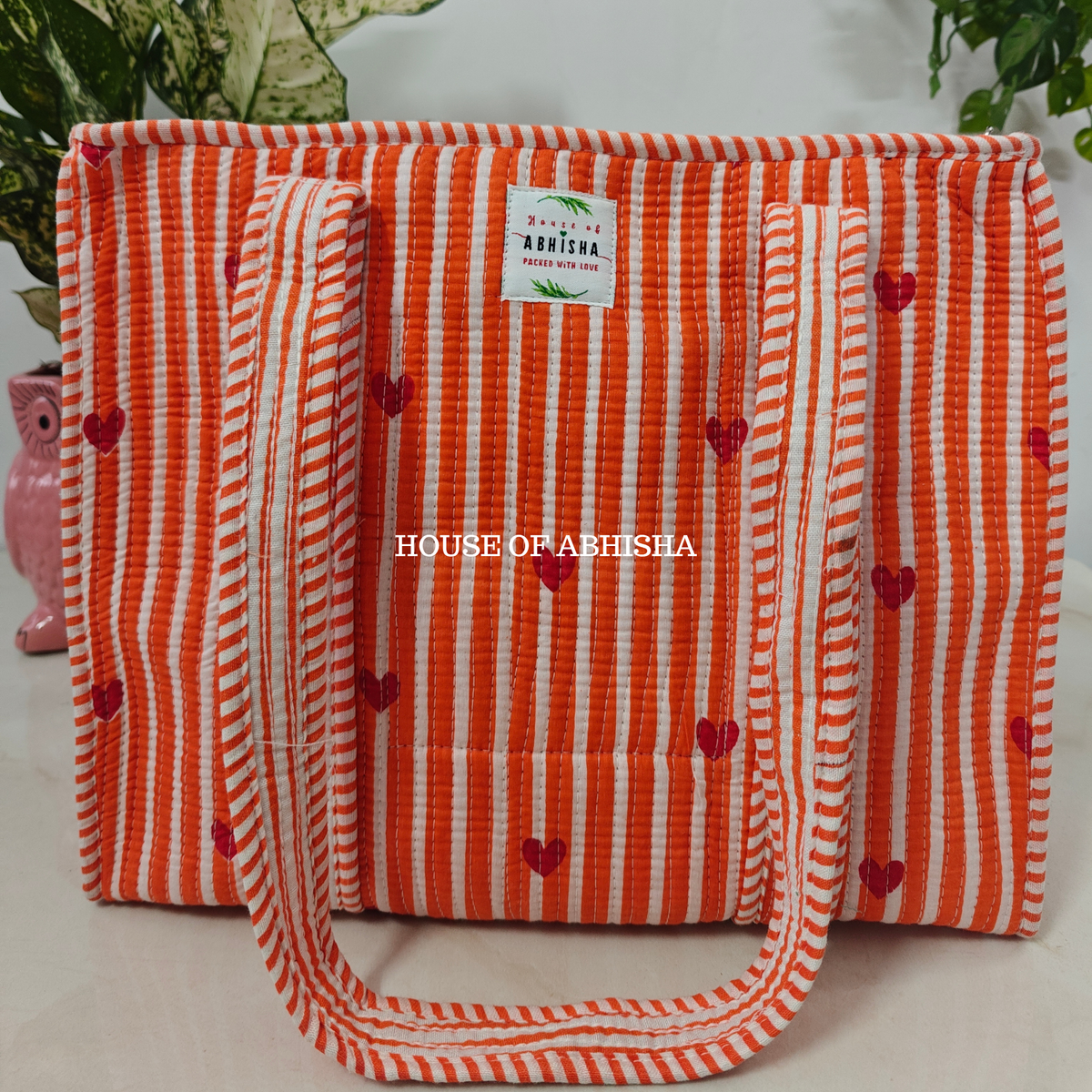 Orange Hearts Quilted Cotton Tote Bag