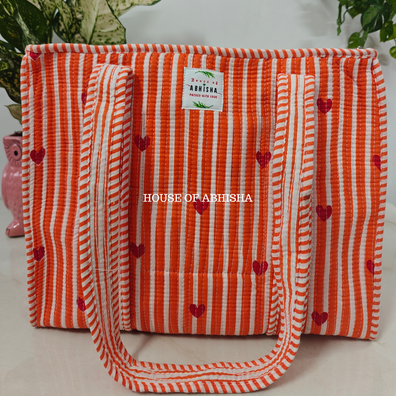 Orange Hearts Quilted Cotton Tote Bag
