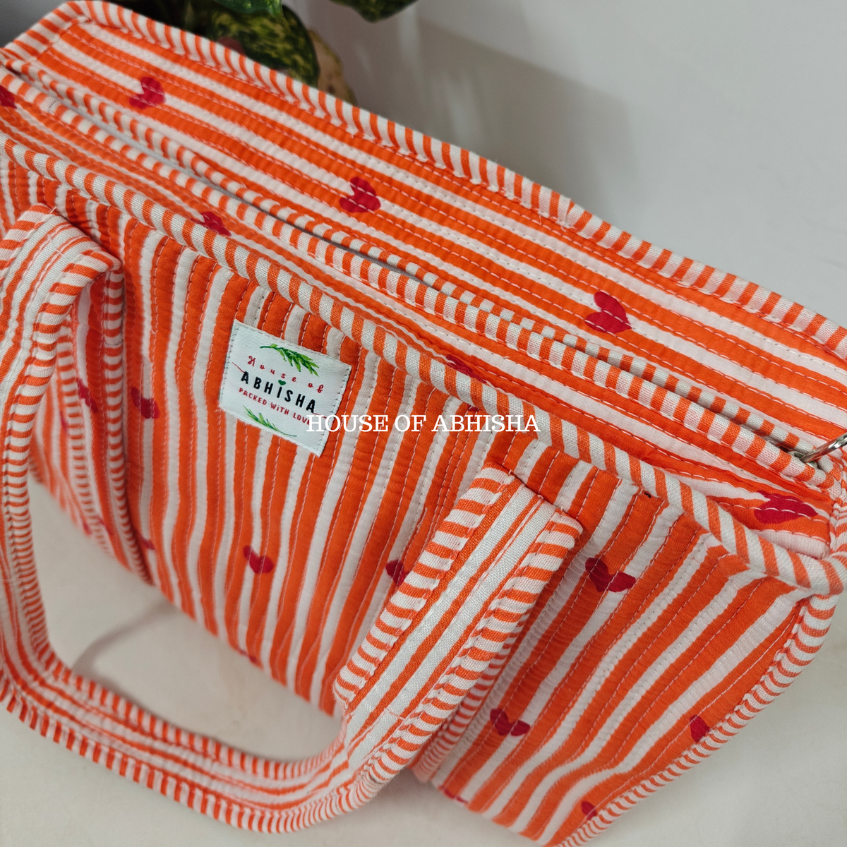 Orange Hearts Quilted Cotton Tote Bag