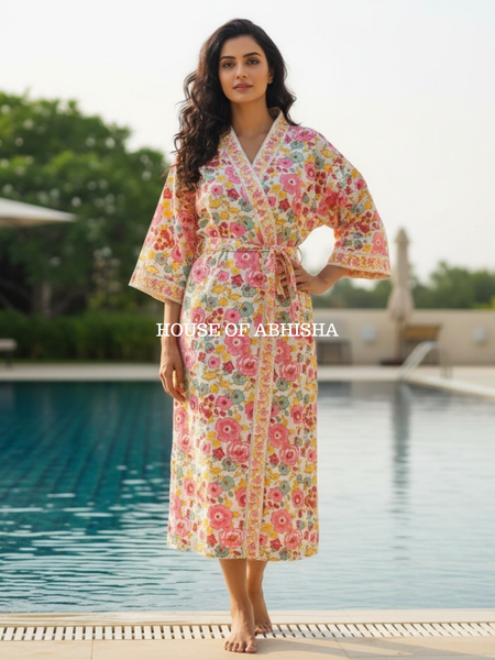 French Garden Handblock Printed Waffle Cotton Adult Bathrobe
