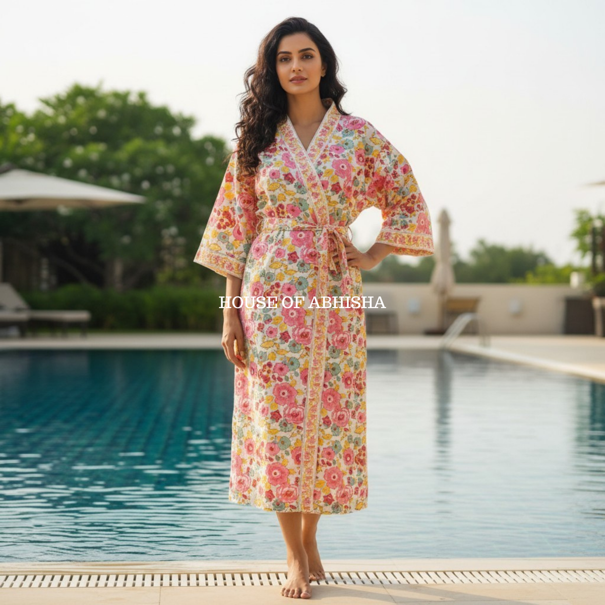 French Garden Handblock Printed Waffle Cotton Adult Bathrobe