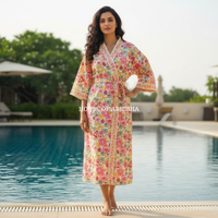 French Garden Handblock Printed Waffle Cotton Adult Bathrobe