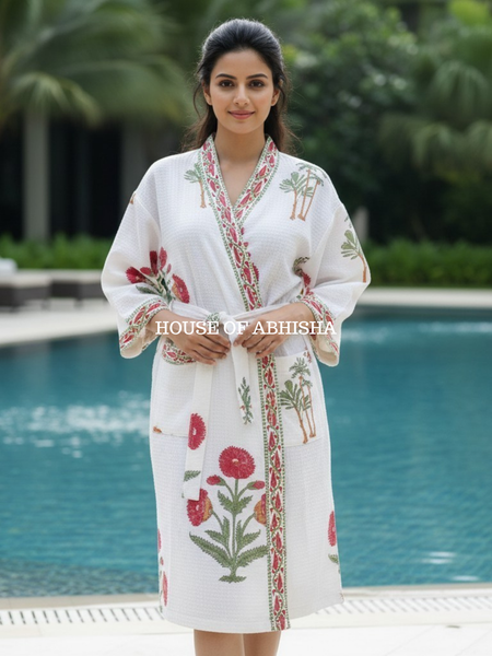 Red Marigold Handblock Printed Waffle Cotton Adult Bathrobe