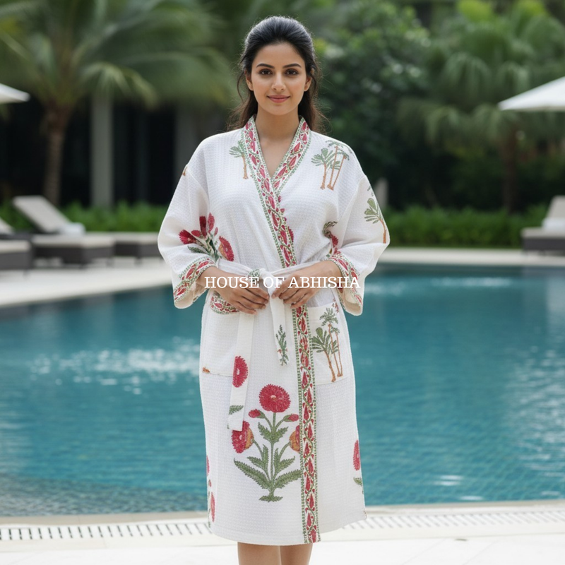 Red Marigold Handblock Printed Waffle Cotton Adult Bathrobe