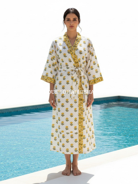 Yellow Marigold Handblock Printed Waffle Cotton Adult Bathrobe