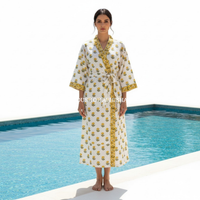 Yellow Marigold Handblock Printed Waffle Cotton Adult Bathrobe