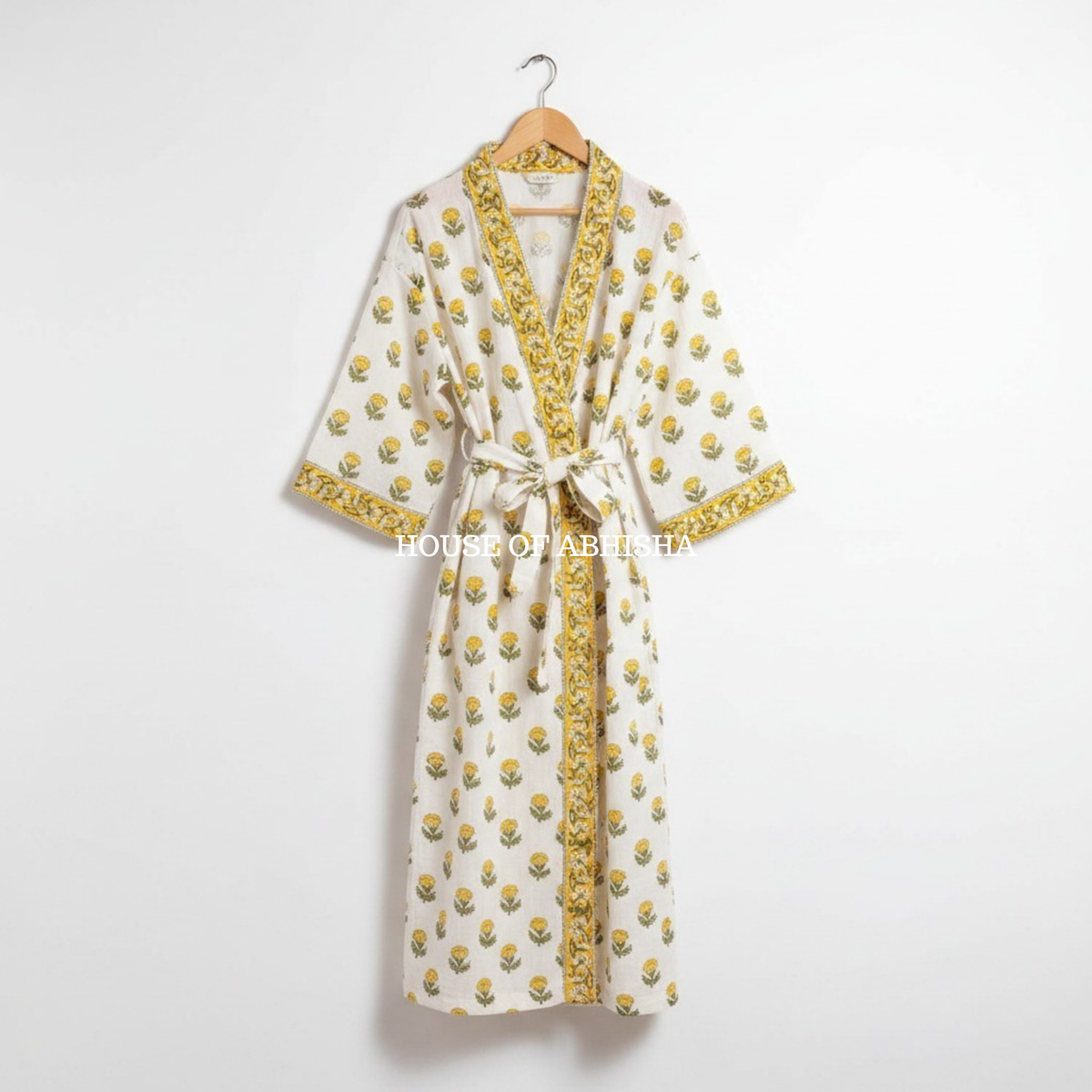Yellow Marigold Handblock Printed Waffle Cotton Adult Bathrobe