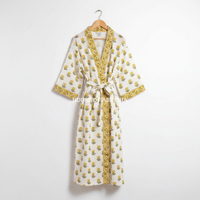 Yellow Marigold Handblock Printed Waffle Cotton Adult Bathrobe
