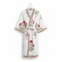 Red Marigold Handblock Printed Waffle Cotton Adult Bathrobe