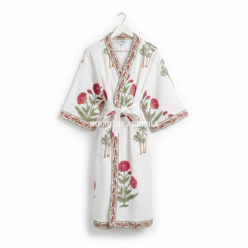 Red Marigold Handblock Printed Waffle Cotton Adult Bathrobe