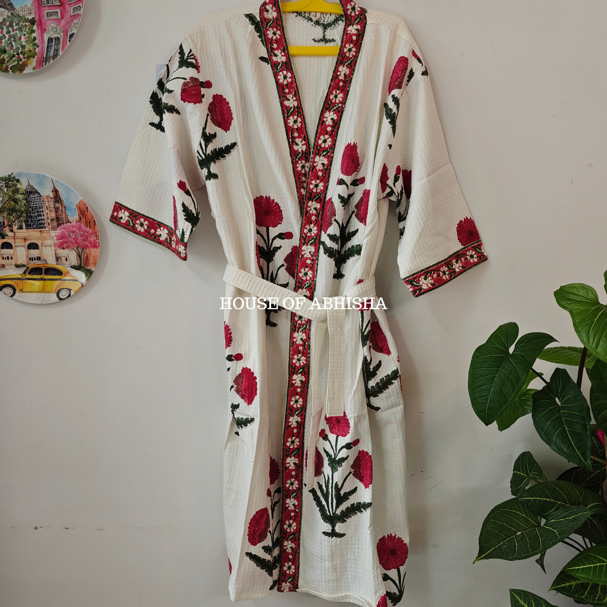 Naaz Handblock Printed Waffle Cotton Bathrobe with Matching Slippers