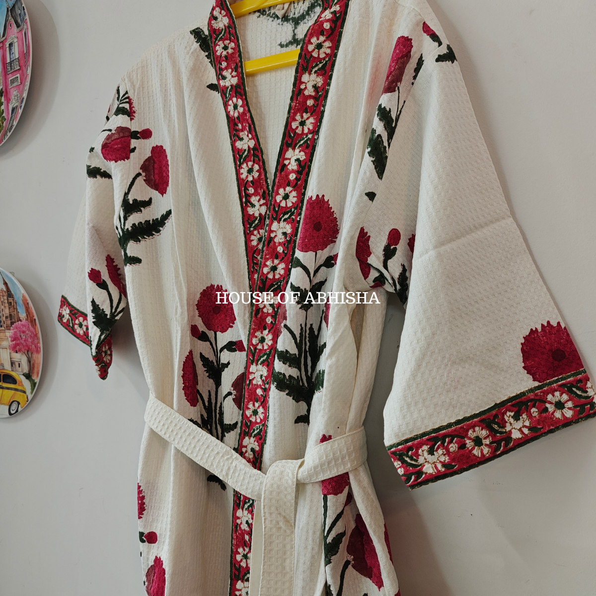 Naaz Handblock Printed Waffle Cotton Bathrobe with Matching Slippers