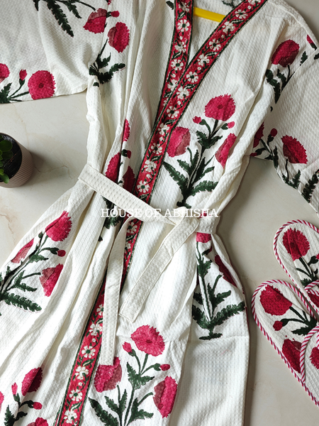 Naaz Handblock Printed Waffle Cotton Bathrobe with Matching Slippers