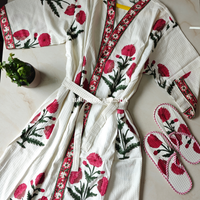 Naaz Handblock Printed Waffle Cotton Bathrobe with Matching Slippers