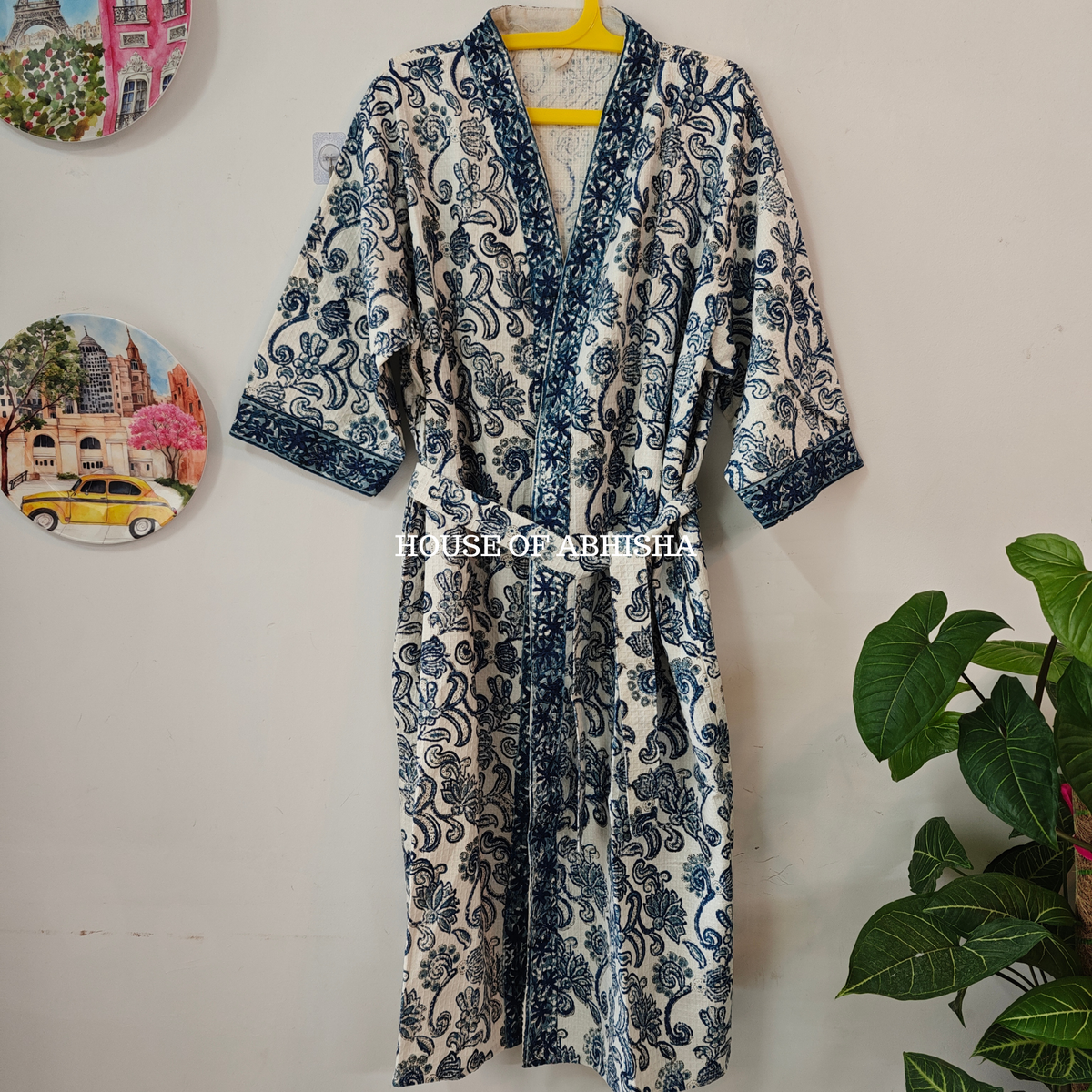 The Grove Handblock Printed Waffle Cotton Bathrobe with Matching Slippers