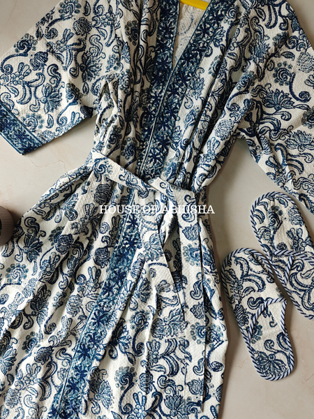 The Grove Handblock Printed Waffle Cotton Bathrobe with Matching Slippers