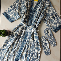 The Grove Handblock Printed Waffle Cotton Bathrobe with Matching Slippers