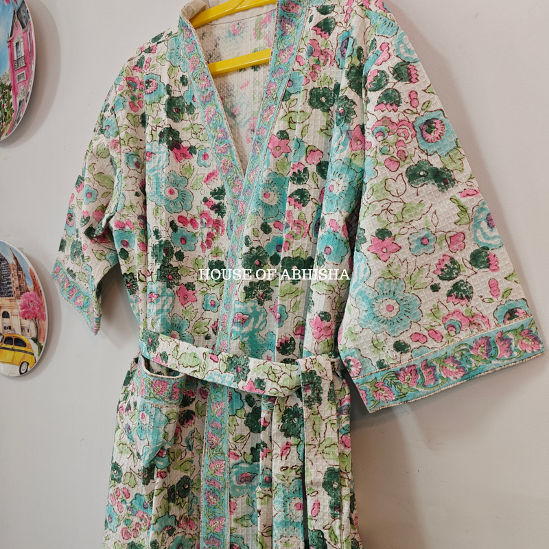 Petal Handblock Printed Waffle Cotton Adult Bathrobe