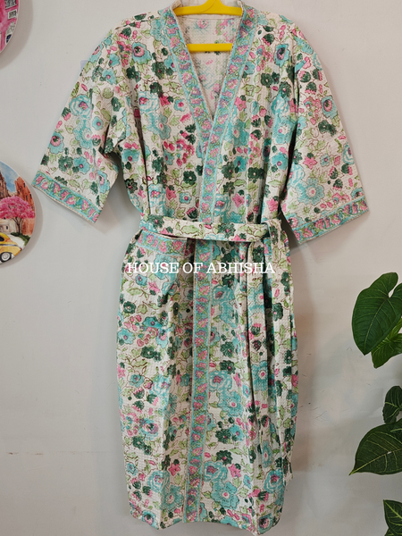 Petal Handblock Printed Waffle Cotton Adult Bathrobe