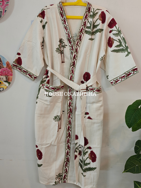 Posy Handblock Printed Waffle Cotton Adult Bathrobe