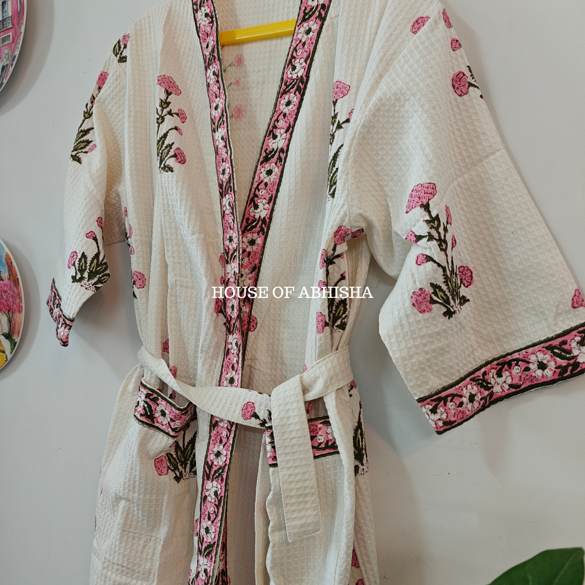 Pink Dahlia Handblock Printed Waffle Cotton Adult Bathrobe