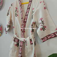 Pink Dahlia Handblock Printed Waffle Cotton Adult Bathrobe
