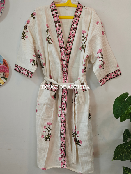 Pink Dahlia Handblock Printed Waffle Cotton Adult Bathrobe