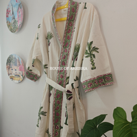 The Palm Handblock Printed Waffle Cotton Bathrobe with Matching Slippers