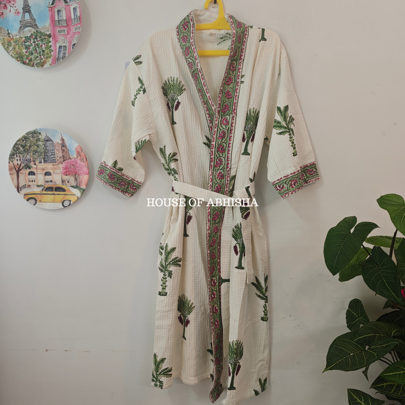 The Palm Handblock Printed Waffle Cotton Bathrobe with Matching Slippers