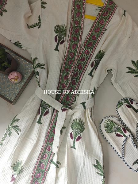 The Palm Handblock Printed Waffle Cotton Bathrobe with Matching Slippers