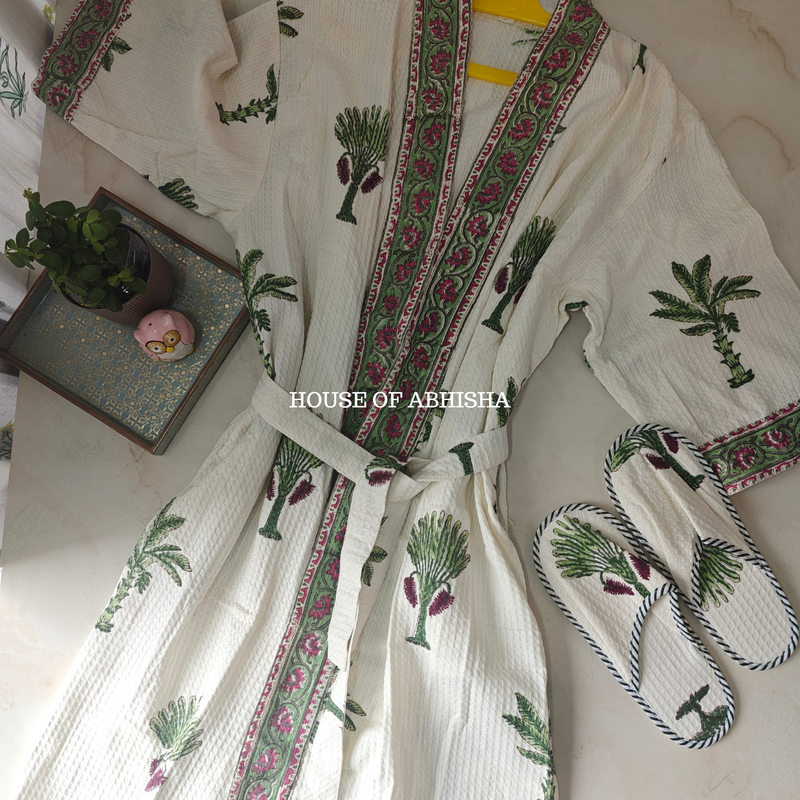 The Palm Handblock Printed Waffle Cotton Bathrobe with Matching Slippers