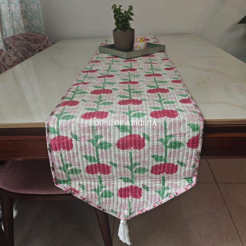 Phoolwari Handblock Printed Quilted Reversible Table Runner
