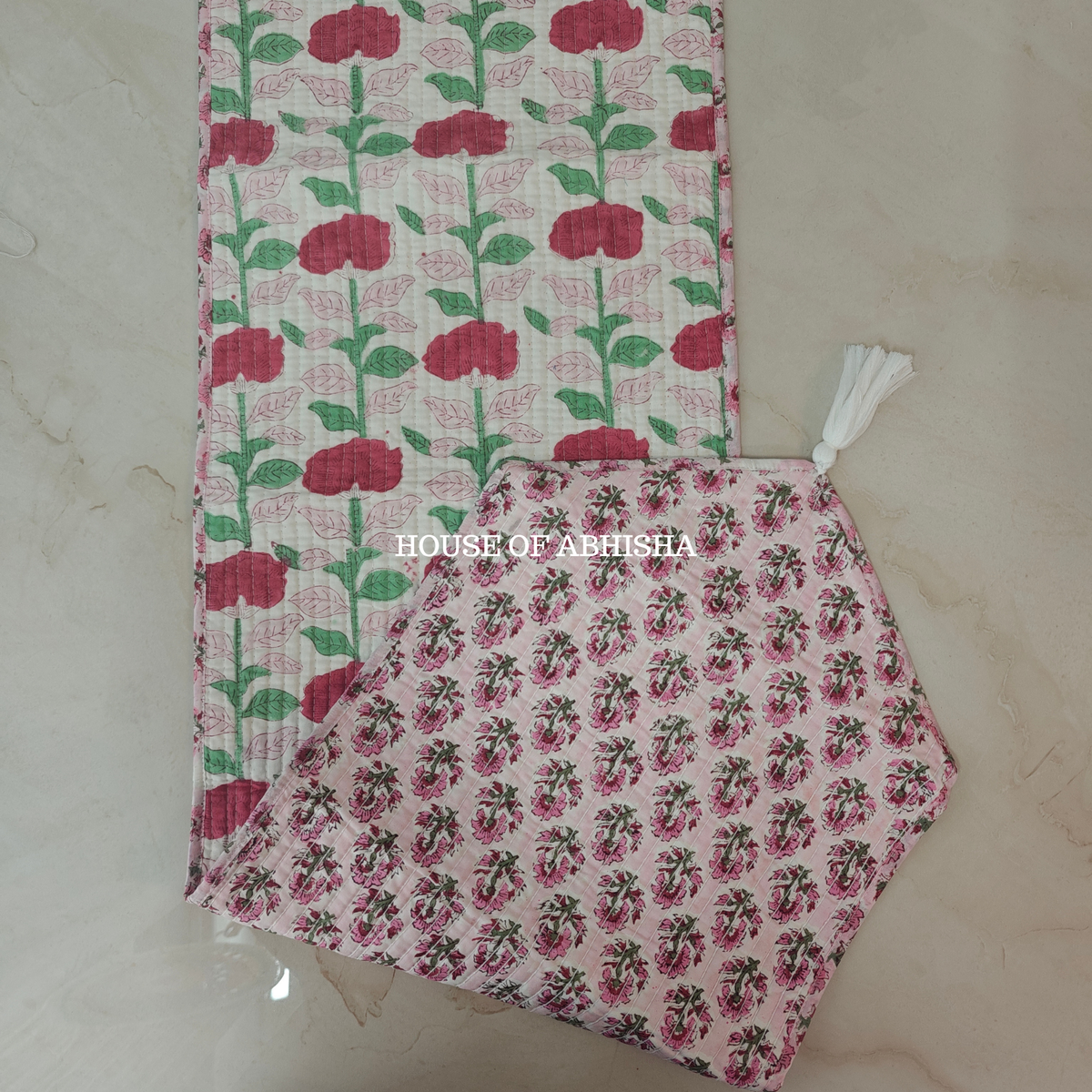 Phoolwari Handblock Printed Quilted Reversible Table Runner