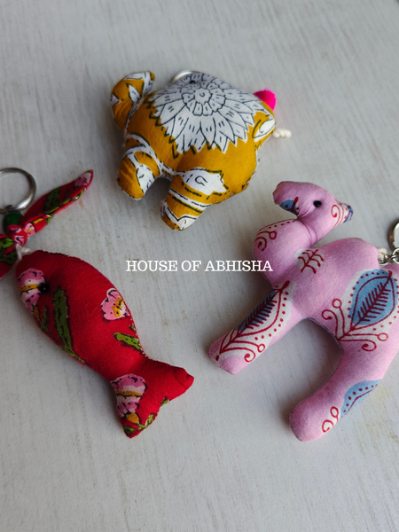 Hand Block Print Cotton Filled Toy Keychains – Set of 3 (Assorted)