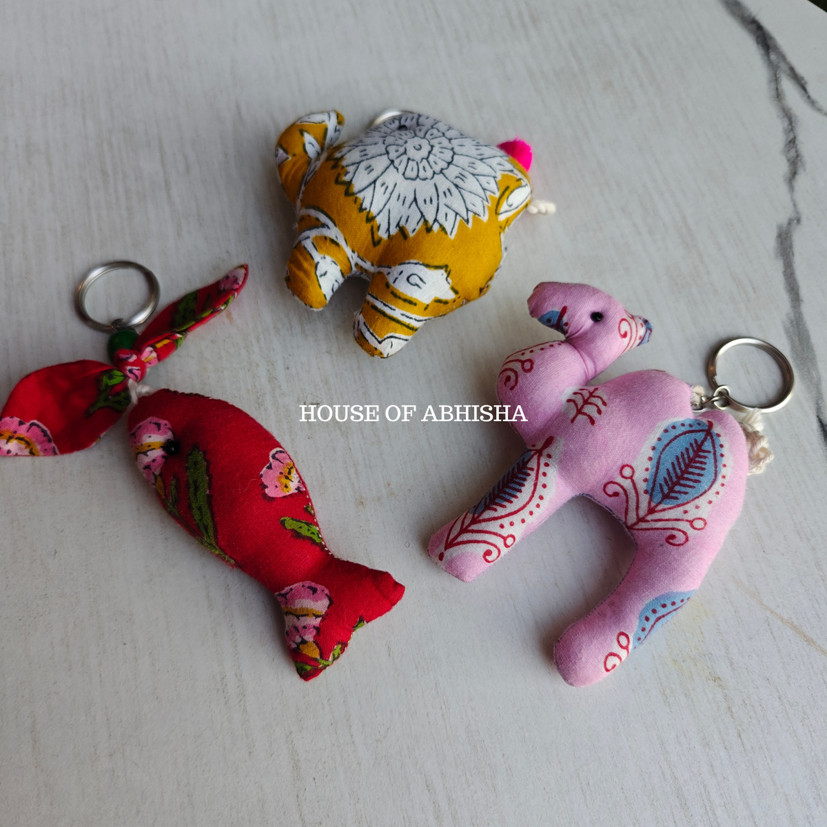 Hand Block Print Cotton Filled Toy Keychains – Set of 3 (Assorted)