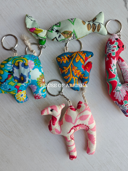 Hand Block Print Cotton Filled Toy Keychains – Set of 5 (Assorted)